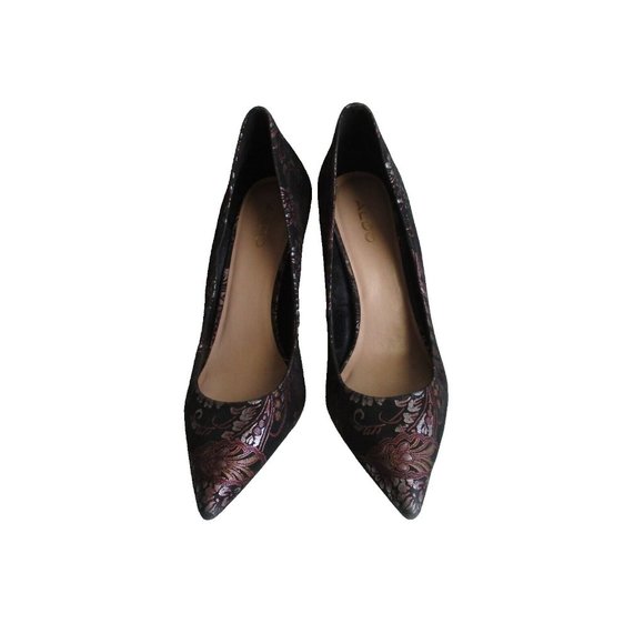 *ALDO Black Fabric Pumps Art Deco Gold Silver Design Pointed Toe Heels - Picture 2 of 7